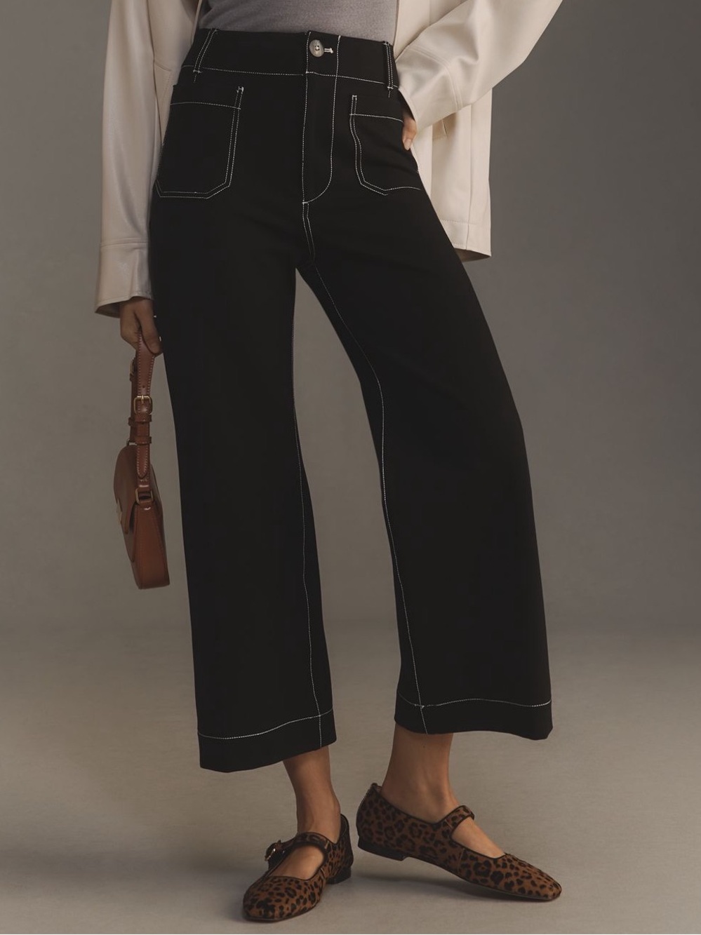 Anthropologie Maeve Colette Black Contrast Stitch Crop Wide Leg Pants 31